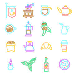 Coffee Drink Neon Icons Isolated. Vector Illustration of Glowing Bright Led Lamp over White Symbols.