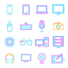 Computer Technology Neon Icons Isolated. Vector Illustration of Glowing Bright Led Lamp over White Symbols.
