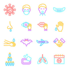Coronavirus Prevention Neon Icons Isolated. Vector Illustration of Glowing Bright Led Lamp over White Symbols.