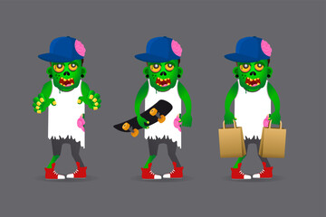 Fototapeta premium Zombie young boy set isolated on a grey background. Zombie boy cartoon style
