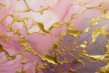 Paint on wall. Marble background. Gold and pink abstract painting
