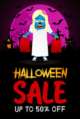 Halloween sale 50% discount poster, banner with zombie girl. Halloween sale graphic design