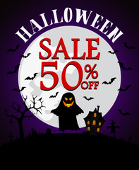 Halloween sale banner design with 50% Discount. Poster with creepy haunted house