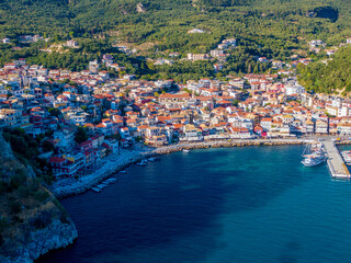 Aerial drone view of Beautiful colorful towns of Greece - Parga. Popular for summer vacations