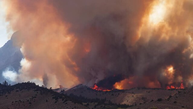 Time lapse of a forest fire burning a mountainside in California.