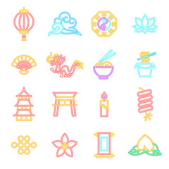 Chinese Neon Icons Isolated.  Illustration of Glowing Bright Led Lamp over White Symbols.