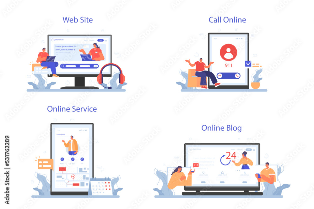 Poster call center or helpline online service or platform set. support operator