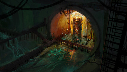 digital 3d illustration of a nuclear reactor in an underground sewer hide out - fantasy painting © Dominick