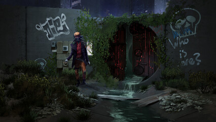 digital 3d illustration of a night entrance to a futuristic underground hide out outside a big city - fantasy painting