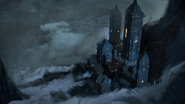 Digital 3d illustration of a fantasy castle top down view looking down a mountain - fantasy painting