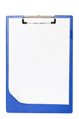 A blue clipboard with a blank sheet of paper