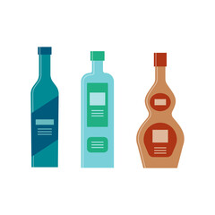 Set bottles of vodka gin balsam. Icon bottle with cap and label. Great design for any purposes. Flat style. Color form. Party drink concept. Simple image shape