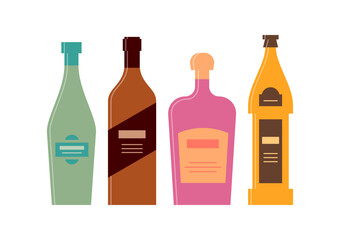 Set bottles of vermouth, brandy, liquor, beer. Icon bottle with cap and label. Great design for any purposes. Flat style. Color form. Party drink concept. Simple image shape