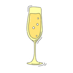 Champagne wineglass on white background. Cartoon sketch graphic design. Doodle style. Colored hand drawn image. Party drink concept for restaurant, cafe, party. Freehand drawing style.