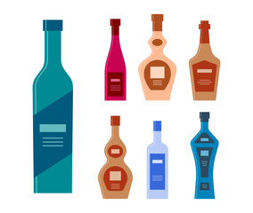Set bottles of gin wine cream whiskey liquor vodka tequila. Icon bottle with cap and label. Graphic design for any purposes. Flat style. Color form. Party drink concept. Simple image shape