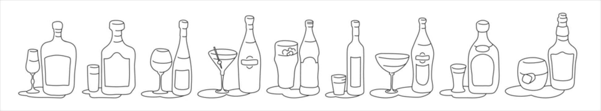 Liquor rum wine martini beer vodka vermouth tequila whiskey bottle and glass outline icon on white background. Black white cartoon sketch graphic design. Doodle style. Hand drawn image. Party drinks