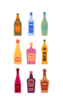 Set bottles of rum vodka vermouth champagne tequila beer wine liquor whiskey. Icon bottle with cap and label. Graphic design for any purposes. Flat style. Color form. Party drink concept. Simple image
