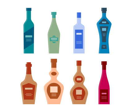 Set bottles of vodka vermouth gin liquor whiskey balsam brandy wine. Icon bottle with cap and label. Graphic design for any purposes. Flat style. Color form. Party drink concept. Simple image shape