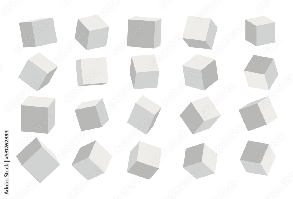 Poster a set of cube icons with a perspective 3d cube model with a shadow. vector illustration. isolated on