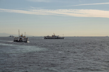 View of ferry boats on Bosphorus in Istanbul. Beautiful scene.