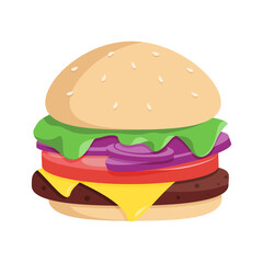 Burger . Flat Vector illustration icon.
 juicy bright cheeseburger isolated on white background. fastfood