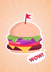 wow burger . Flat Vector illustration icon.
 juicy bright cheeseburger. Fastfood sticker with flag on gradient background