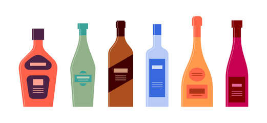Set bottle of rum vermouth balsam vodka champagne wine in row. Icon bottle with cap and label. Graphic design for any purposes. Flat style. Color form. Party drink concept. Simple image shape - obrazy, fototapety, plakaty