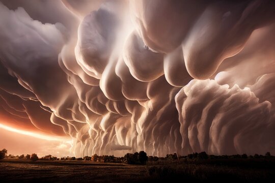 This is a 3D illustration of mammatus clouds.