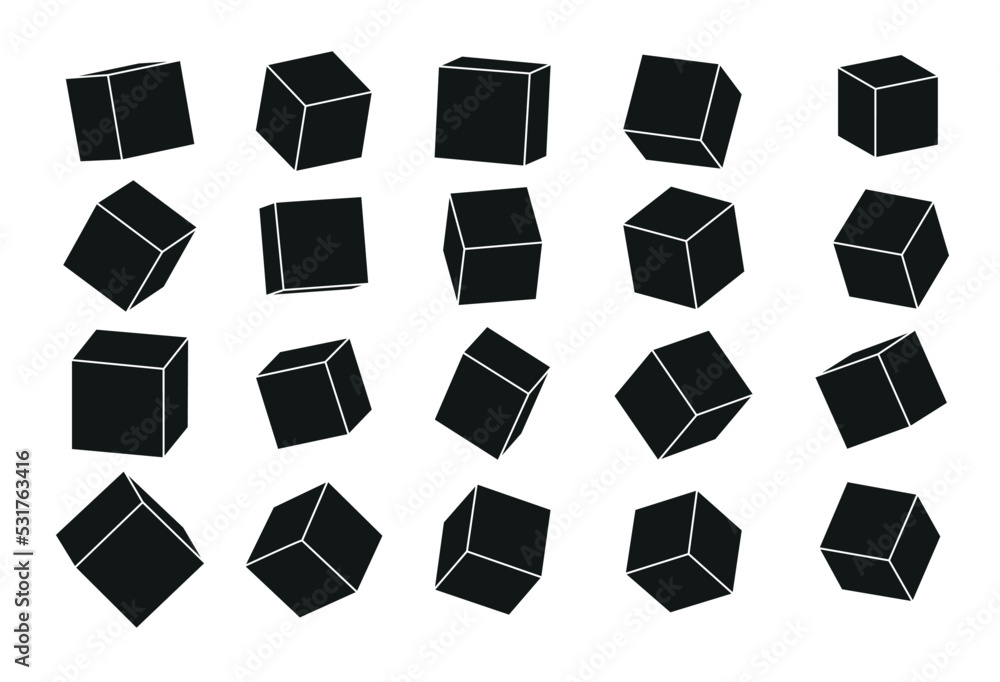 Poster a set of cube icons with a perspective 3d cube model with a shadow. vector illustration. isolated on