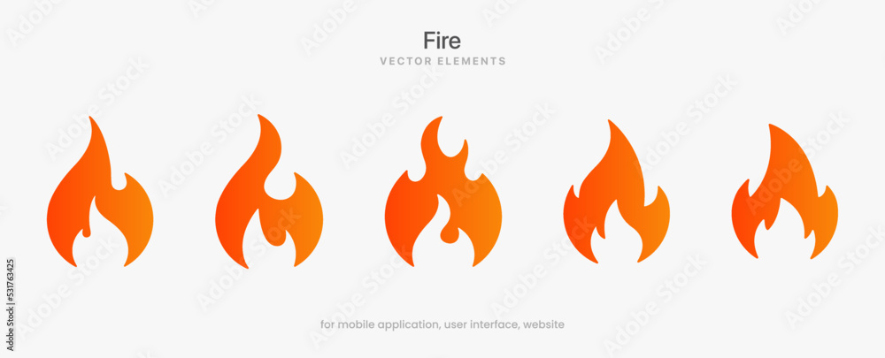 Wall mural flat fire flames icons collection. red flame in abstract style on white background for ui ux website