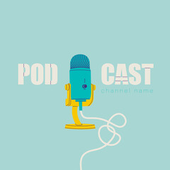 Podcast cover. Template for design with turquoise background. Microphone on a stand with a tangled cable. - obrazy, fototapety, plakaty