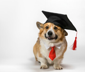 funny corgi dog puppy sitting on a white background in a student hat and red tie