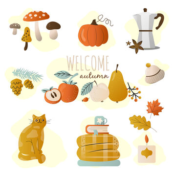 collection or set of autumn warm and cozy stickers