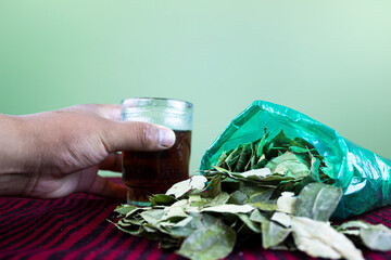 Coca leaves, traditional coca leaf chewing, Aymara and Inca indigenous fabric. the hand holds a...