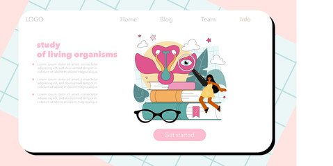 Biology subject web banner or landing page. Students exploring nature