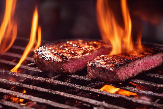 Grilled beef steak medium rare on fire (Selective Focus). 3D Illustration.