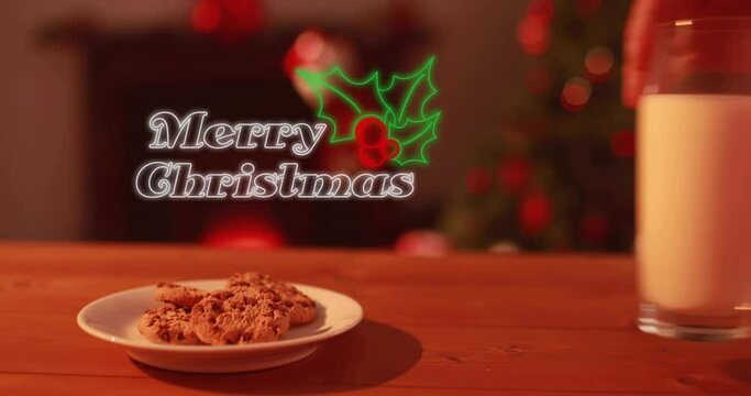 Animation of merry christmas text over hand with cookies and milk