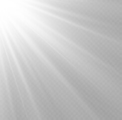 Sun flash with rays and spotlight. Star burst with sparkles. Translucent shine sun, bright flare. Sunlight glowing png effect. White beam sunrays on transparent background. Vector illustration.