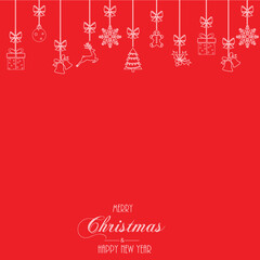 Fototapeta na wymiar Happy New Year and Merry Christmas banner with hanging red Xmas ornaments. Vector