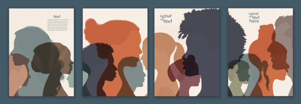 Template poster silhouette profile group of men and women of diverse cultures. Diversity multicultural people. Concept of racial equality and anti-racism. Multiethnic community. Cover 