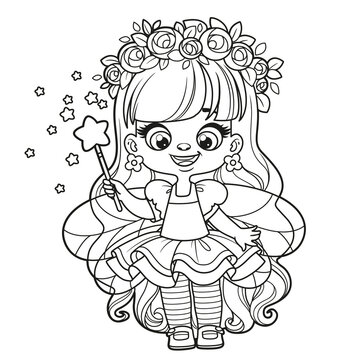 Cute cartoon long haired girl fairy with magic wand outlined for coloring page on white background
