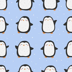 Childish seamless pattern with cute penguins on blue background. Hand drawn cartoon characters. Christmas vector illustration.