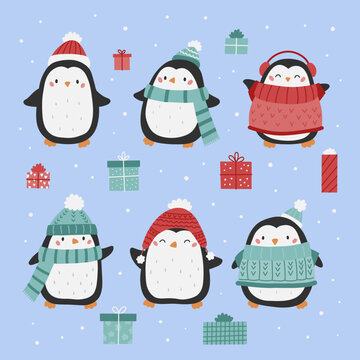 Set of penguins in warm clothes. Hand drawn cartoon characters. Birds with Christmas gifts. Vector illustration for winter holiday.
