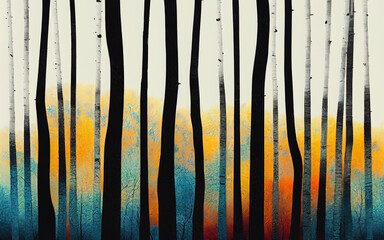 Abstract illustration of forest with birch and aspen trees, watercolor brush. Bright autumn colors. 3d illustration - 531765429