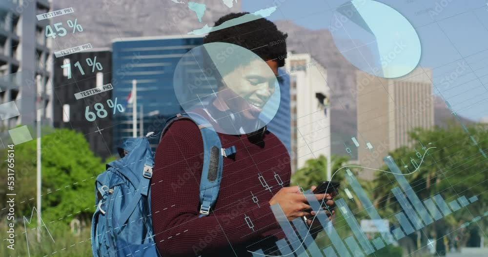 Poster animation of data processing over african american man using smartphone