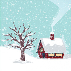 Cartoon winter landscape Cottage Covered with snow. Image of a winter day