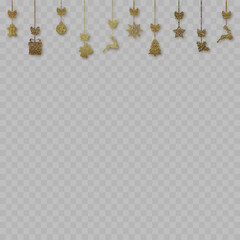 Xmas or New Year ornaments hanging on transparent background. Vector