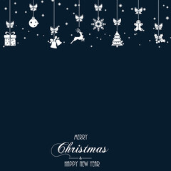 Happy New Year and Merry Christmas banner with hanging red Xmas ornaments. Vector