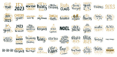 Merry Christmas and Happy New Year lettering. Winter holiday greeting card, xmas quotes and phrases illustration set. Typography collection for banners, postcard, greeting cards, gifts - obrazy, fototapety, plakaty
