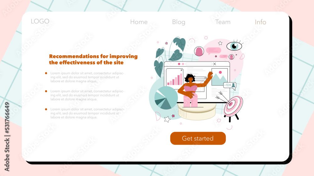 Poster website analyst web banner or landing page. web page analysis